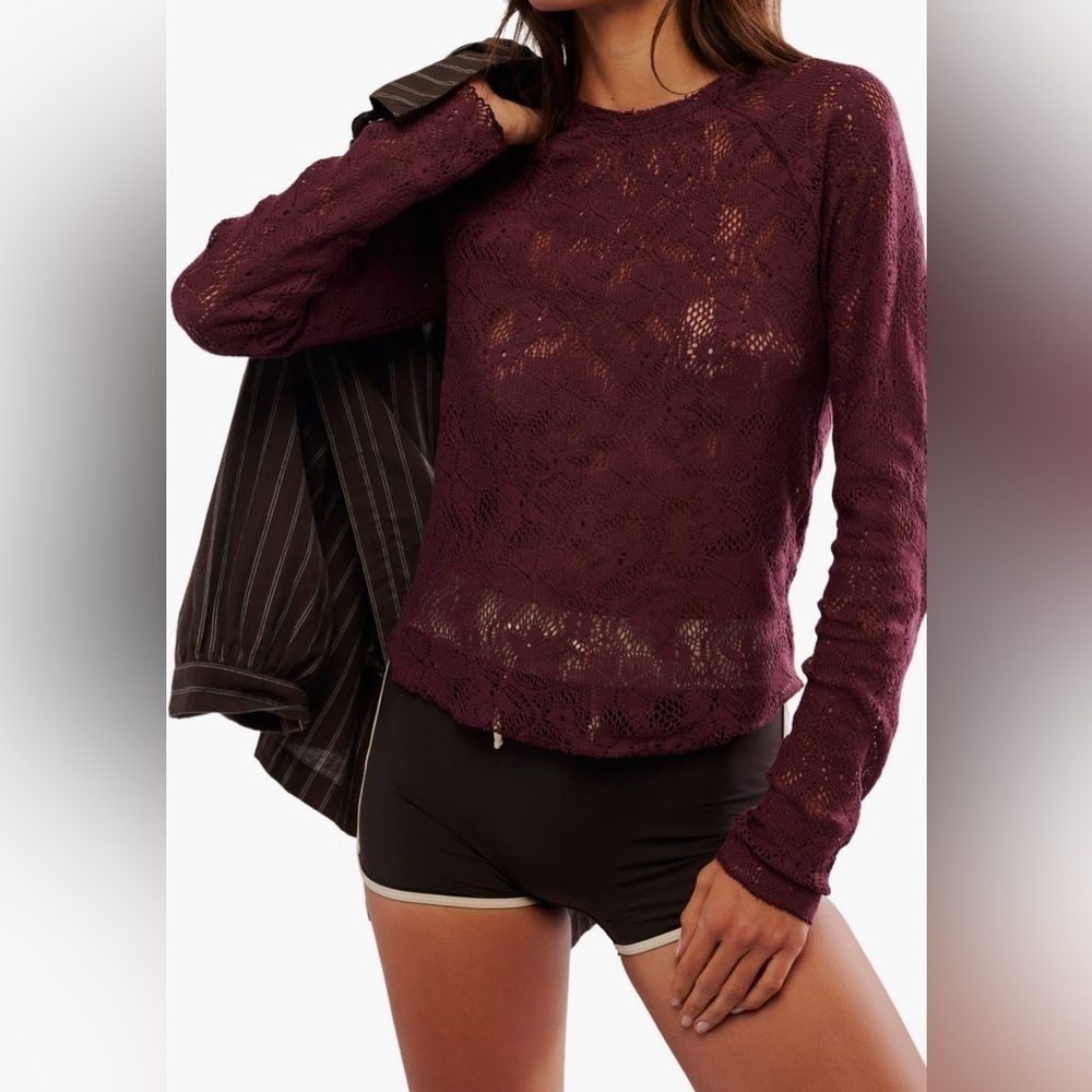 Free People Fitted Long Sleeve Semisheer Lace Top